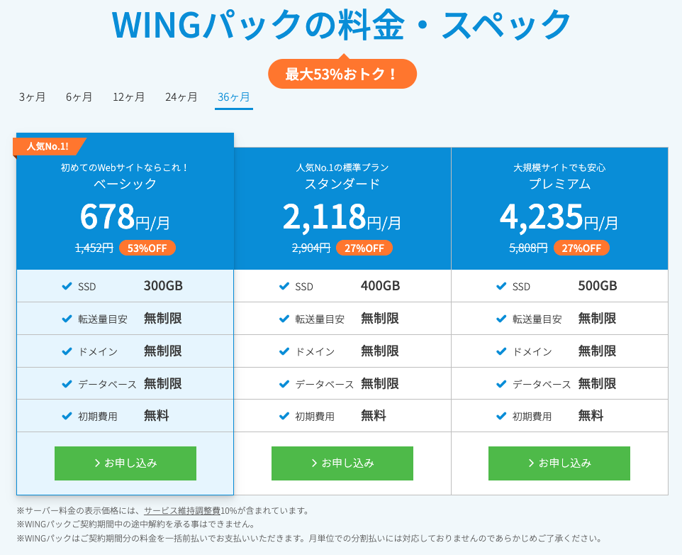 Wingパック料金スペック